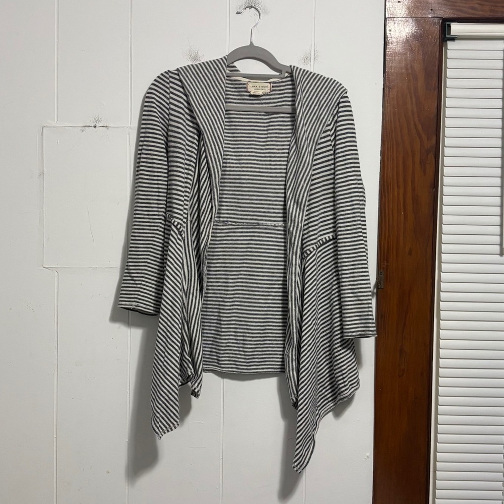 Max Studio Weekend Striped Hooded Cardigan Women's Size Small Open Front